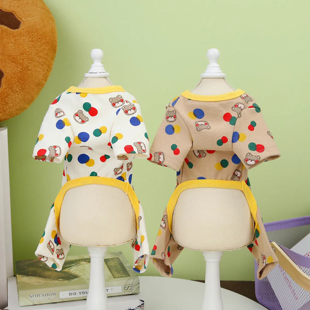 Beige dog clothing with colourful ball bear print, cotton spandex casual pet clothes