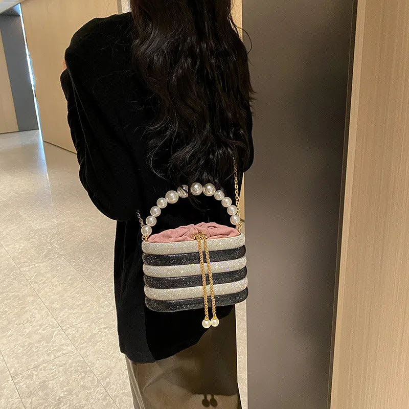 Women's European retro style crossbody bag with pearl beading decoration and one-shoulder strap