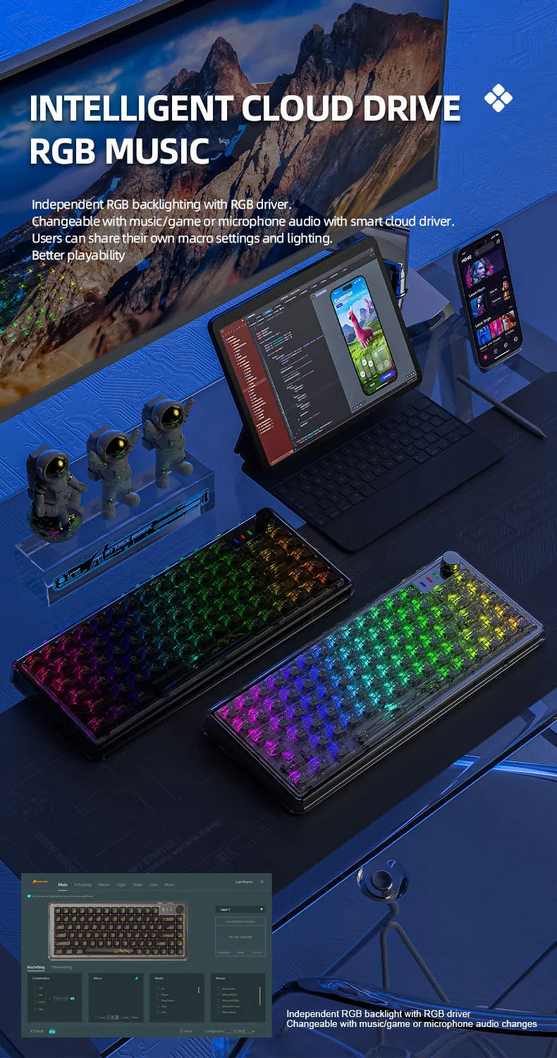 Attack Shark K75 RGB wireless mechanical keyboard with transparent case and RGB lighting
