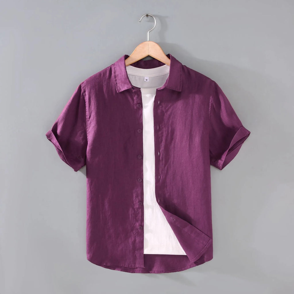 Men's casual short-sleeved linen shirt in cardigan style showing colour options including apricot, dark red and sky blue