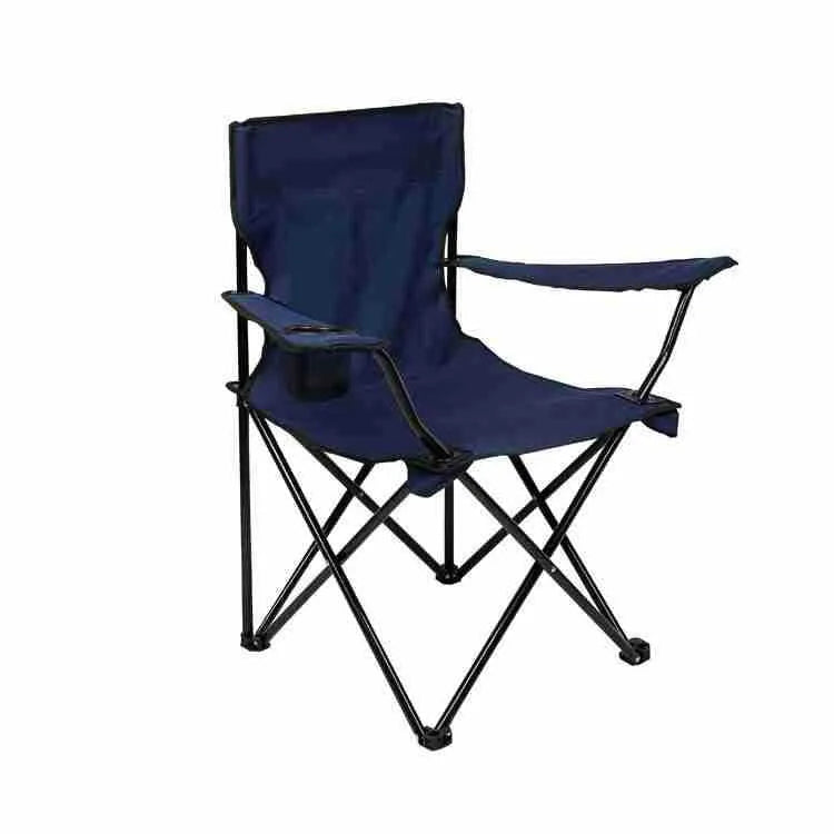 Outdoor fishing chair with black steel frame and blue 600D Oxford cloth backrest seat, folded for transport