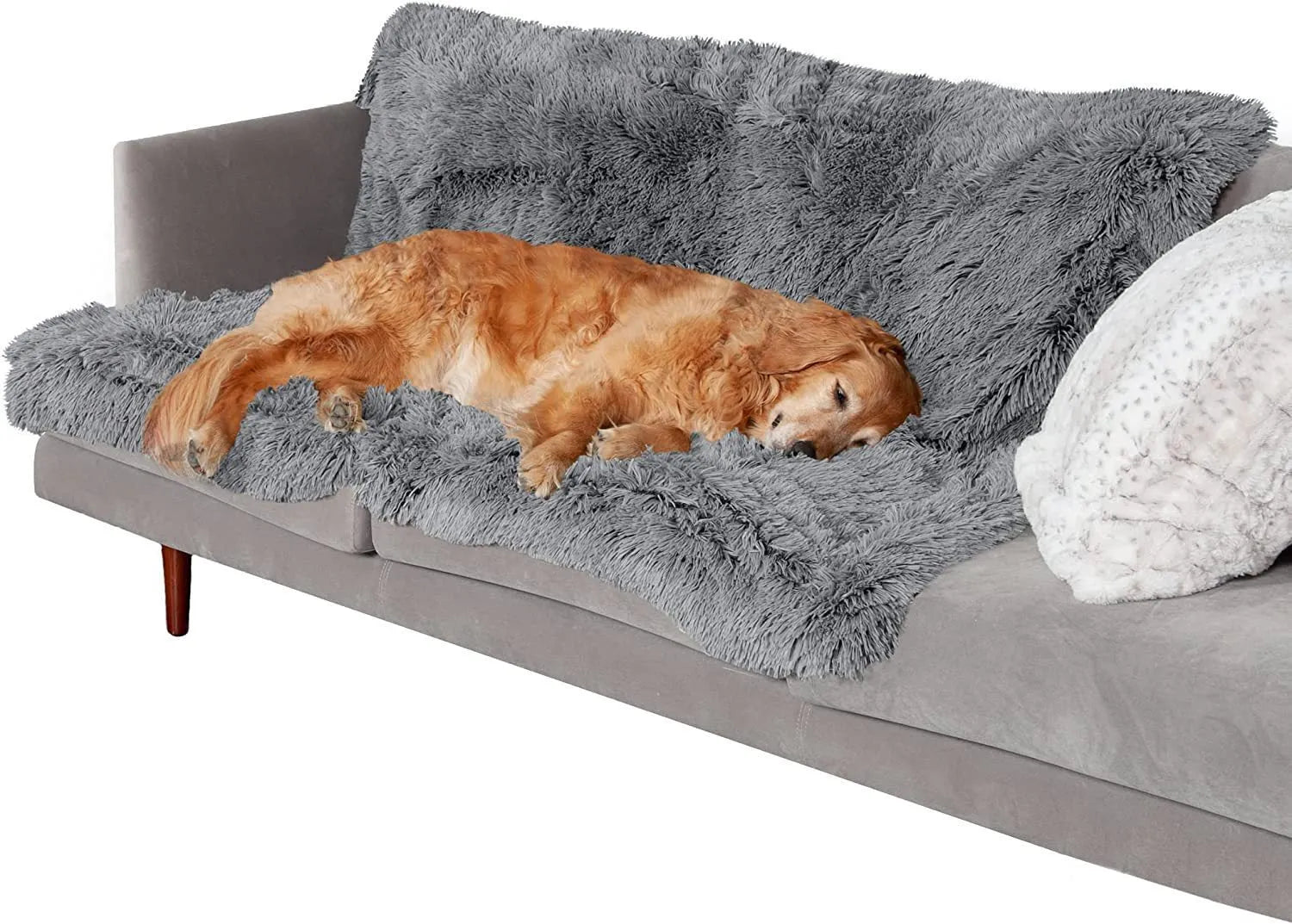 A plush dark grey waterproof dog cushion laid flat, showing its size and texture.