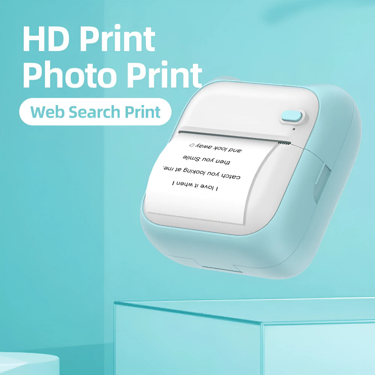 Pink mini pocket Bluetooth thermal printer measuring 90x45x82mm with USB charging cable
