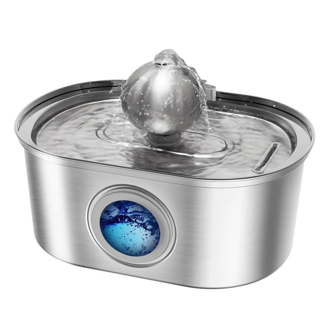 Stainless steel pet water dispenser with large 4-litre tank and selectable water outlet design