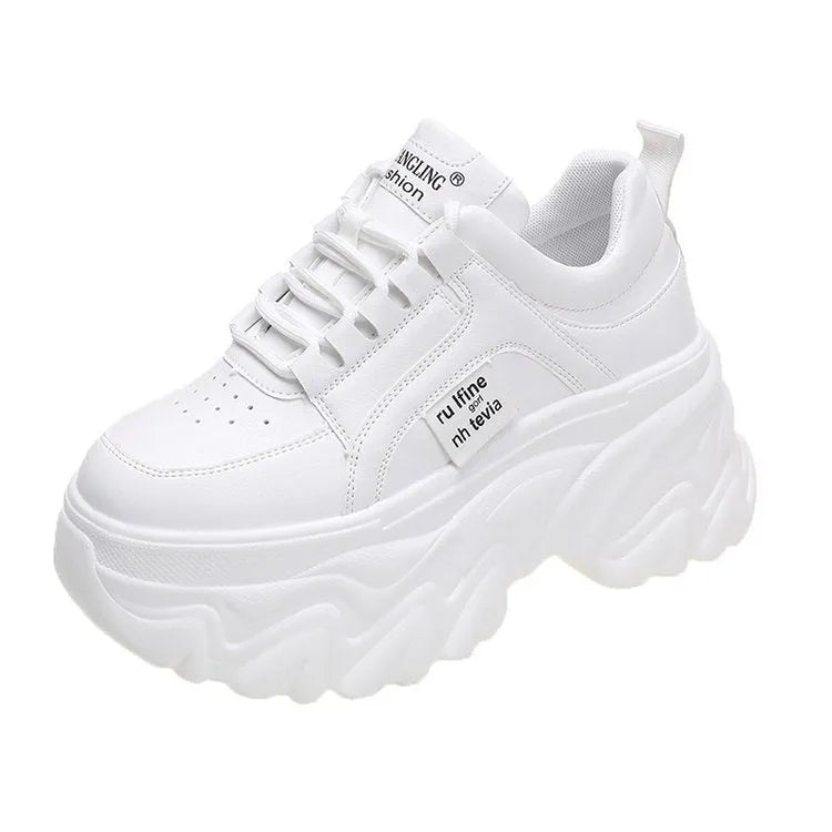 Height increasing insole dad shoes for women, super high heel, mesh upper, black colour, front lace-up