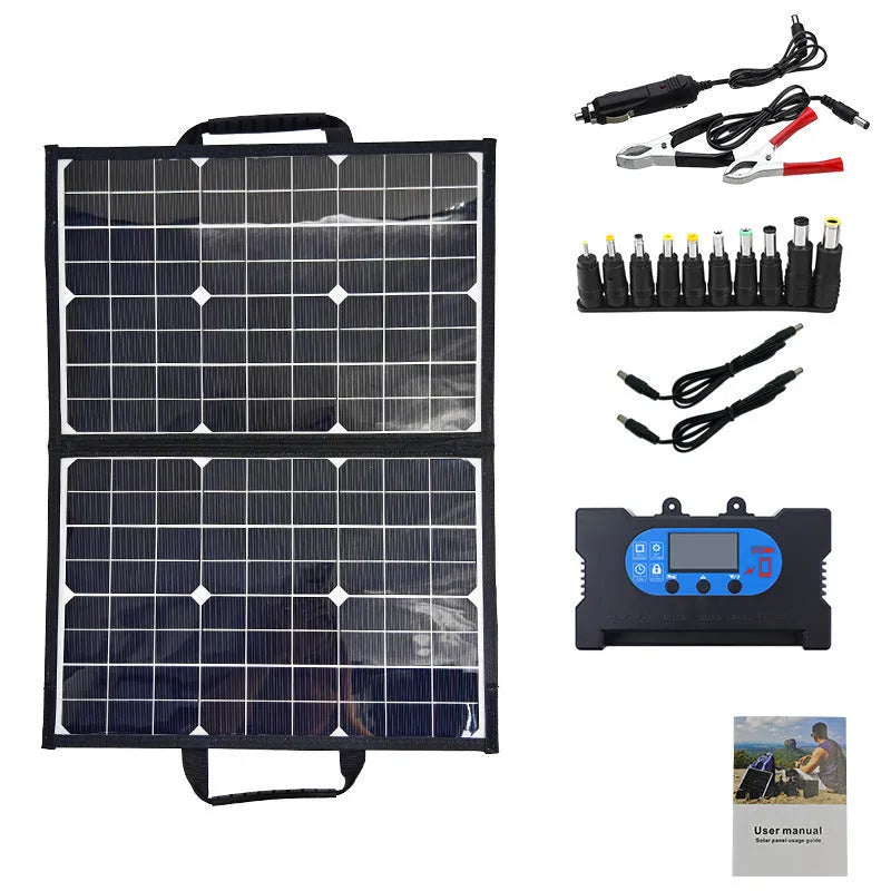 Black 40W single crystal solar panel folded inside its portable carrying bag.