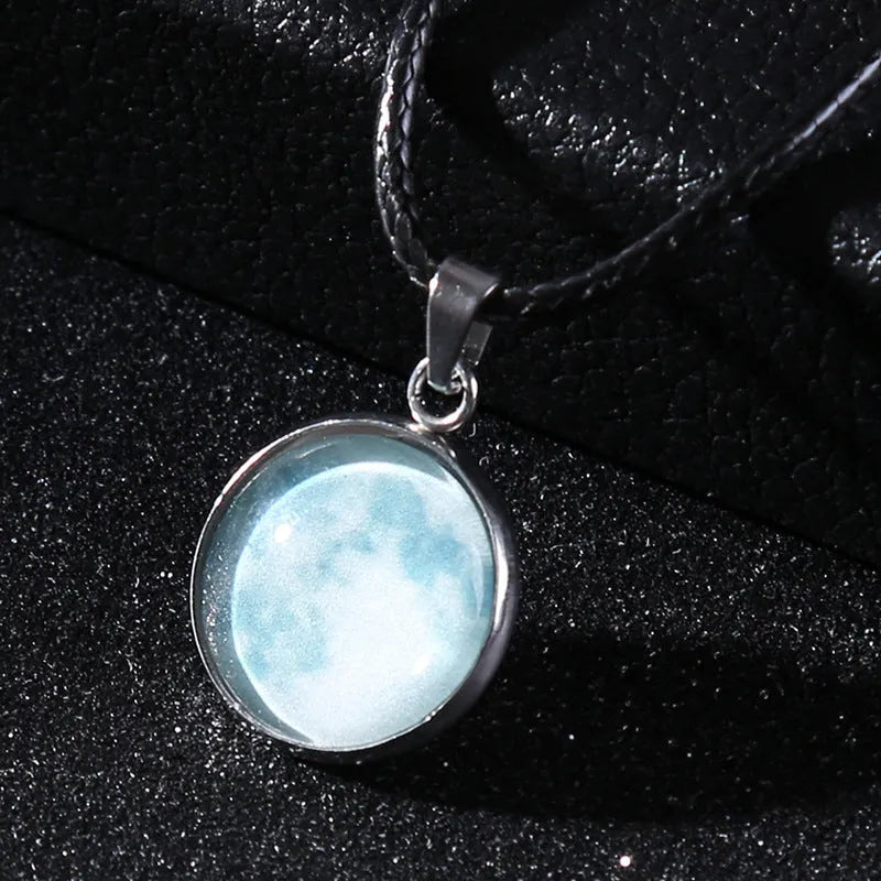 Moon night sky constellation glass pendant on a luminous alloy necklace chain with extension.