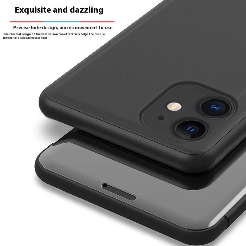 Electroplating mirror flip vertical leather phone case for iPhone in black with built-in bracket stand