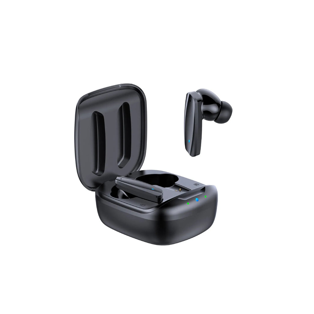 Black and white TWS Bluetooth 5.1 in-ear headphones with charging case and USB cable on a table.