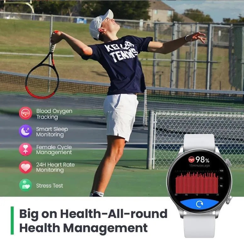 Haylou smartwatch with AMOLED display showing health stats, in black or white, featuring Bluetooth call.