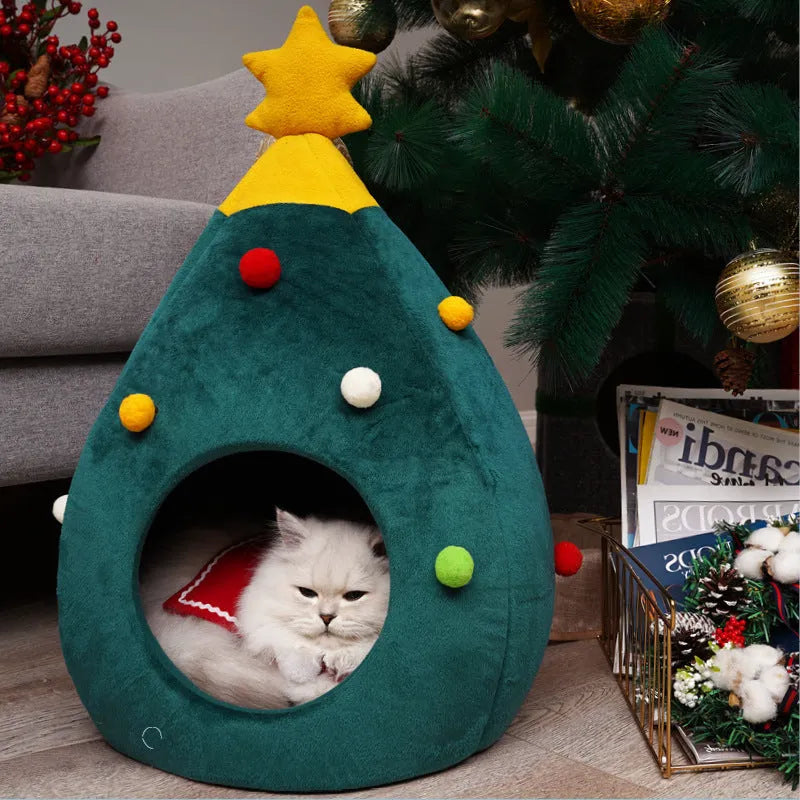 Felt Christmas tree shaped cat bed in picture colour, available in three sizes from 48 to 65 cm