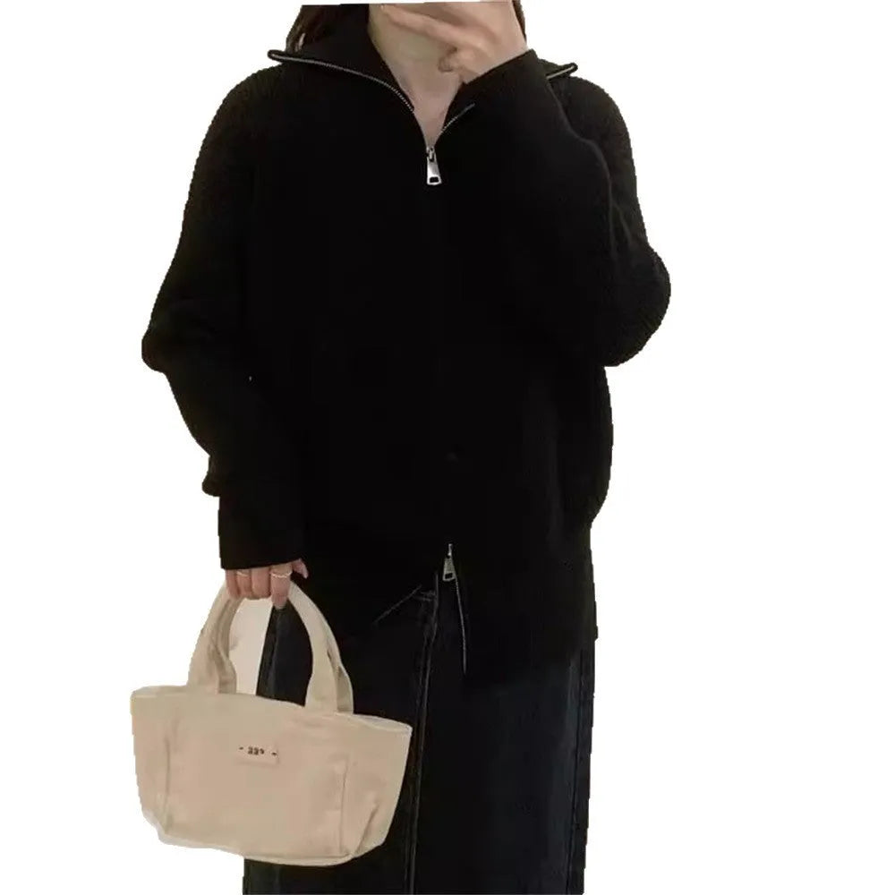 Hong Kong style double zipper knitted cardigan with flower pattern in creamy white thick colour, loose fit free size