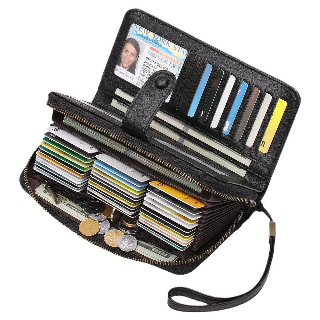Expanding card holder women's long wallet in light brown PU leather with sewing line detail and anti-theft swiping feature.