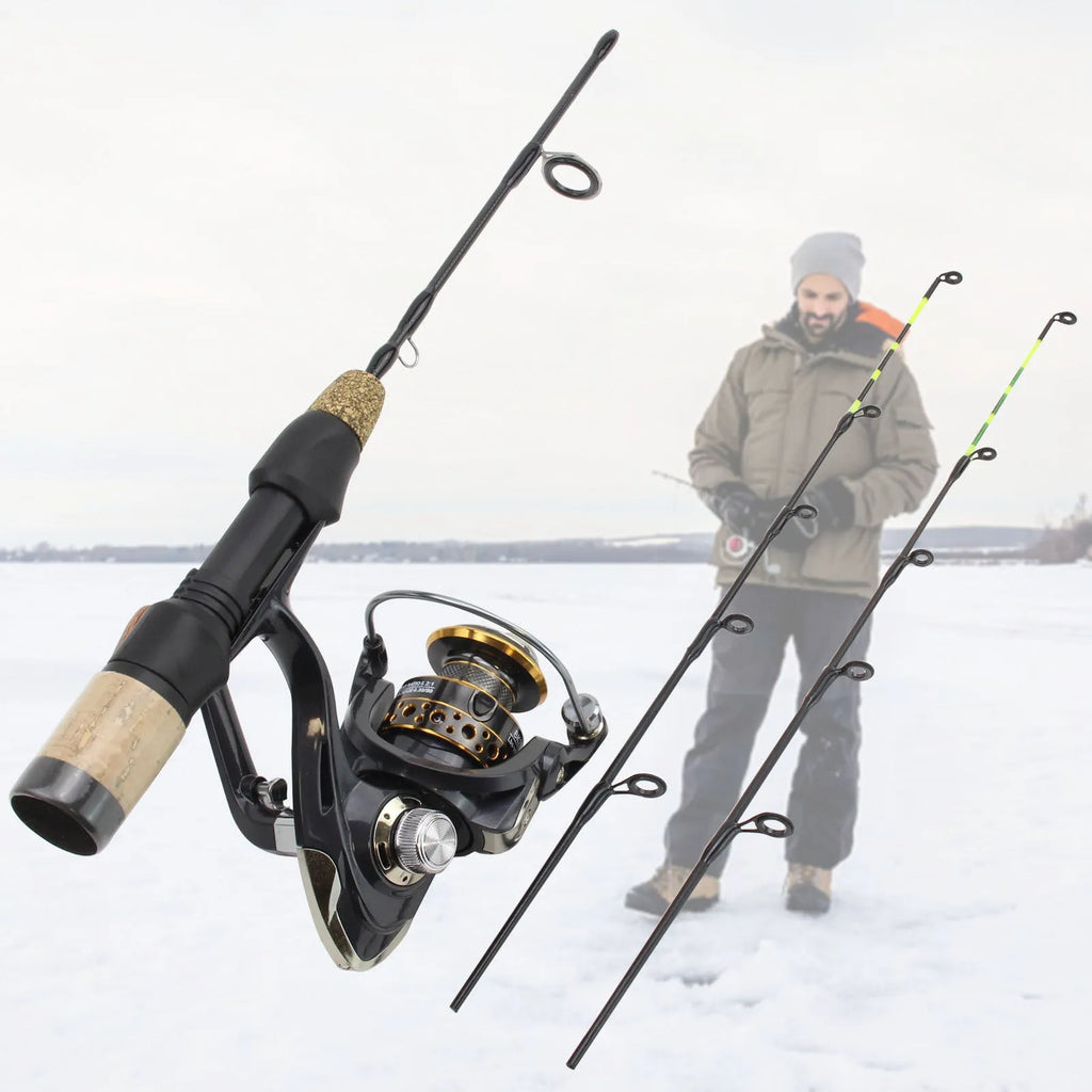Double tip ice fishing rod with spinning wheel, 60cm length, 2 sections, hard action, single pole colour