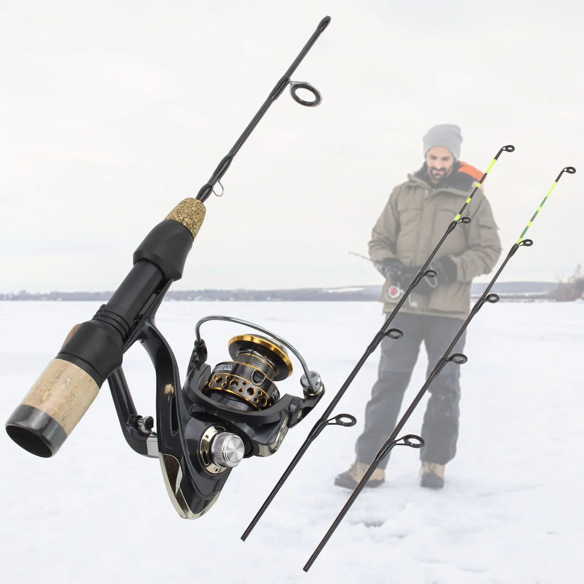 Double tip ice fishing rod with spinning wheel, 60cm length, 2 sections, hard action, single pole colour