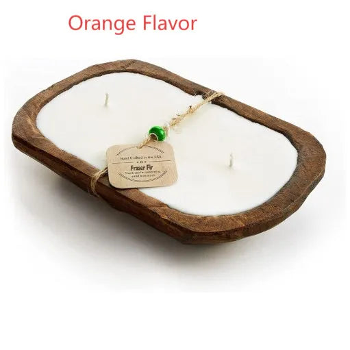 Retro wooden basin containing a soy wax aromatherapy candle with three wicks.