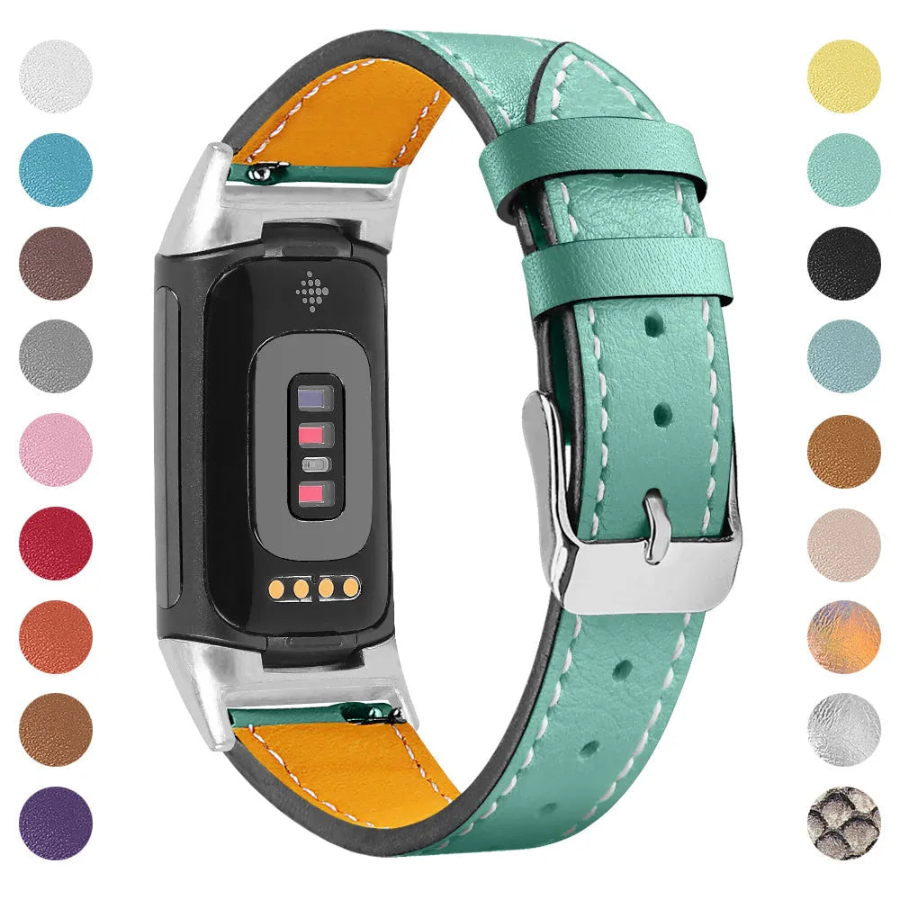 Genuine cowhide leather replacement strap for Fitbit Charge 5 and Charge 6 smartwatches in various colours.