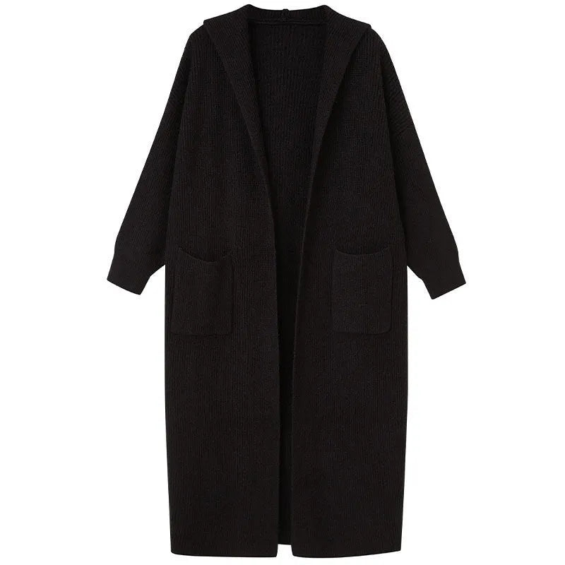 Long knitted cardigan women's hooded trench coat in solid colour with long sleeves and 80cm length