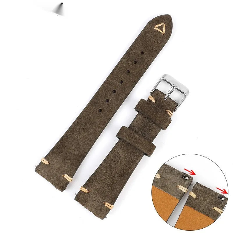 Genuine suede leather watch strap in Army Green, shown alongside brown, blue, and grey options for 20mm and 22mm watches.