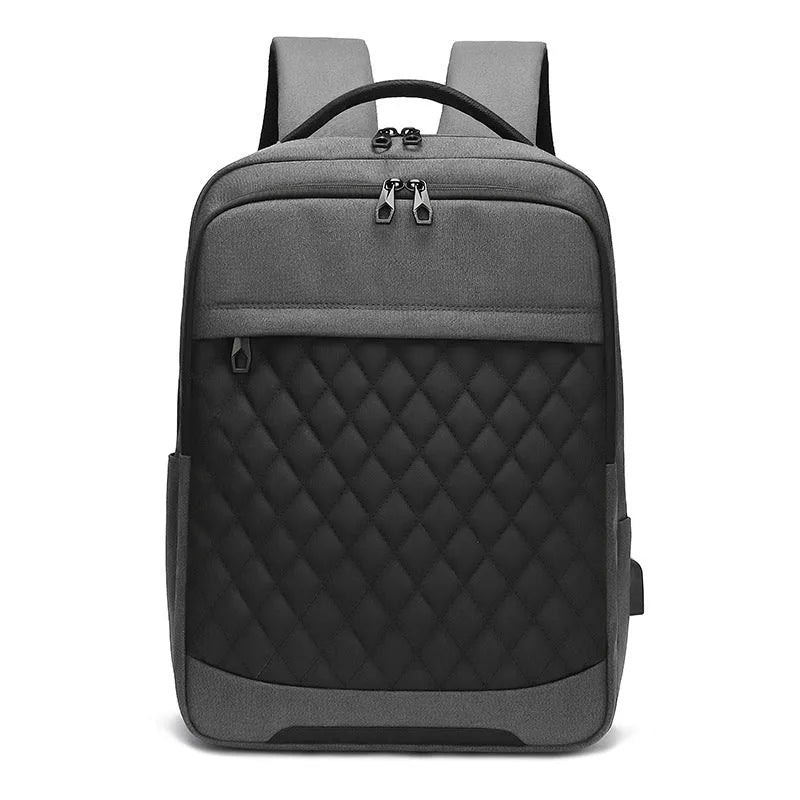 Men's black Oxford cloth travel backpack with curved shoulder straps and diamond mesh back panel