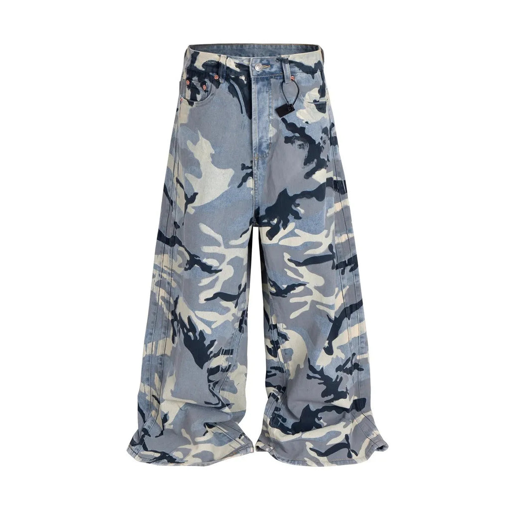Snow camouflage blue jeans with loose fit and micro-elastic stretch cotton denim fabric