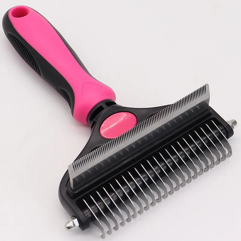 Two-in-one pet hair unknotting comb with stainless steel teeth and ABS TPR handle, available in black, blue, or pink