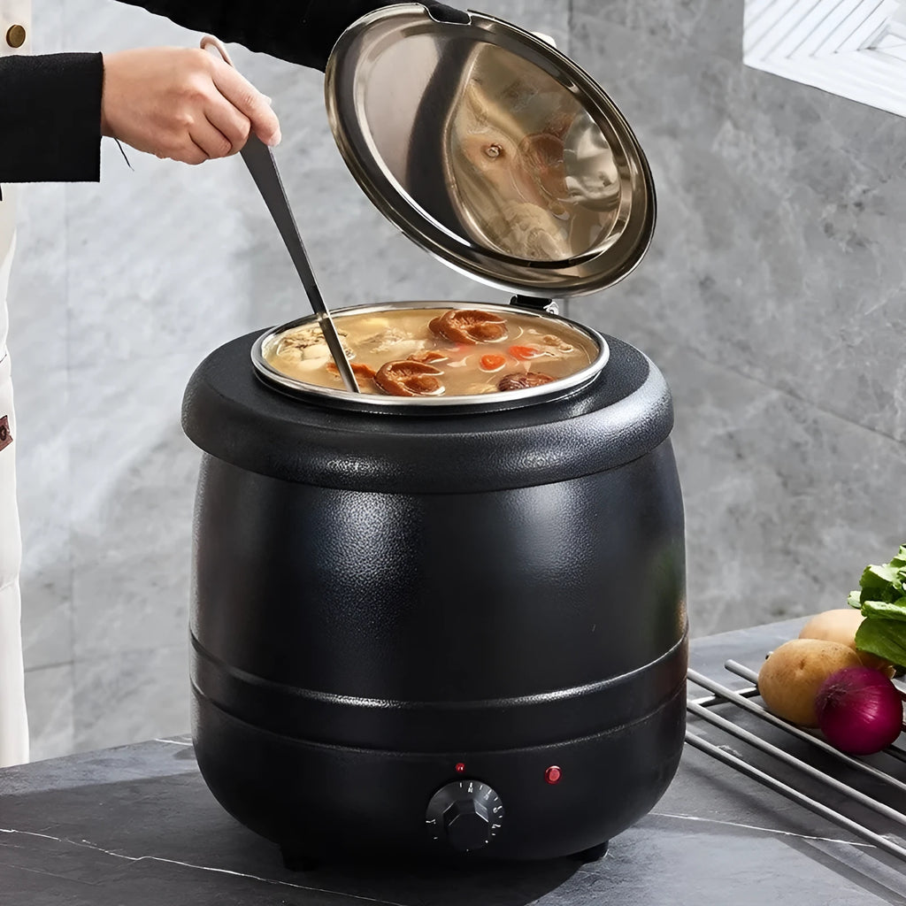 Black electric heating soup pot with stainless steel interior and large mouth cover for commercial kitchen use