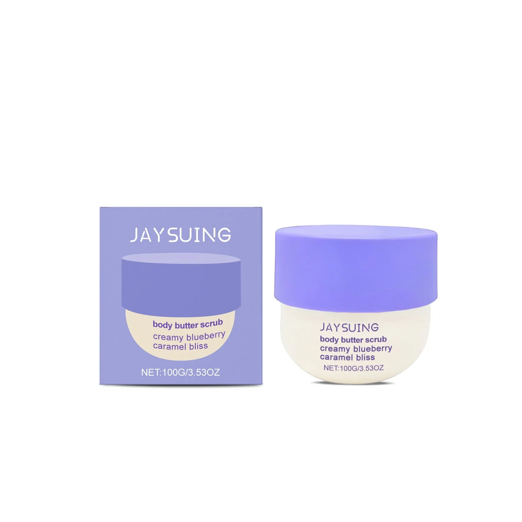 Blueberry Caramel mild body scrub cream in a 100g tub with exfoliating walnut shell powder