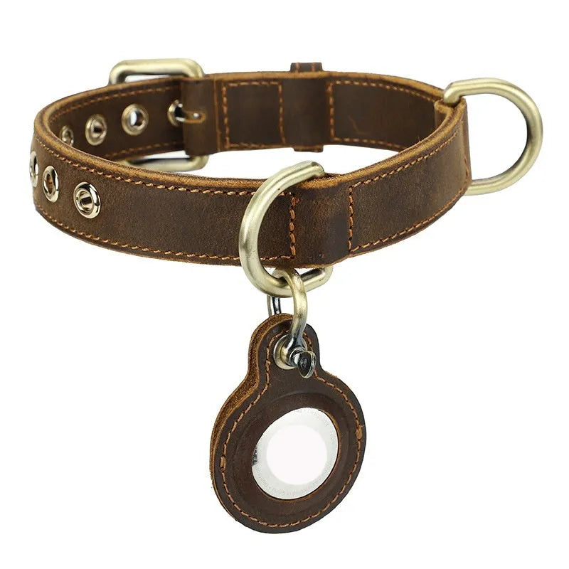 Brown handmade genuine cowhide leather dog collar shown on a flat surface.