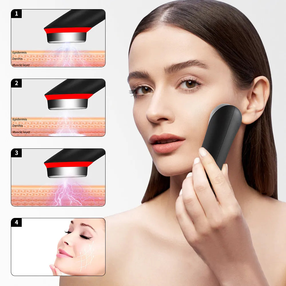 Black eye massager device with LED lights for vibration facial massage and red blue light therapy.