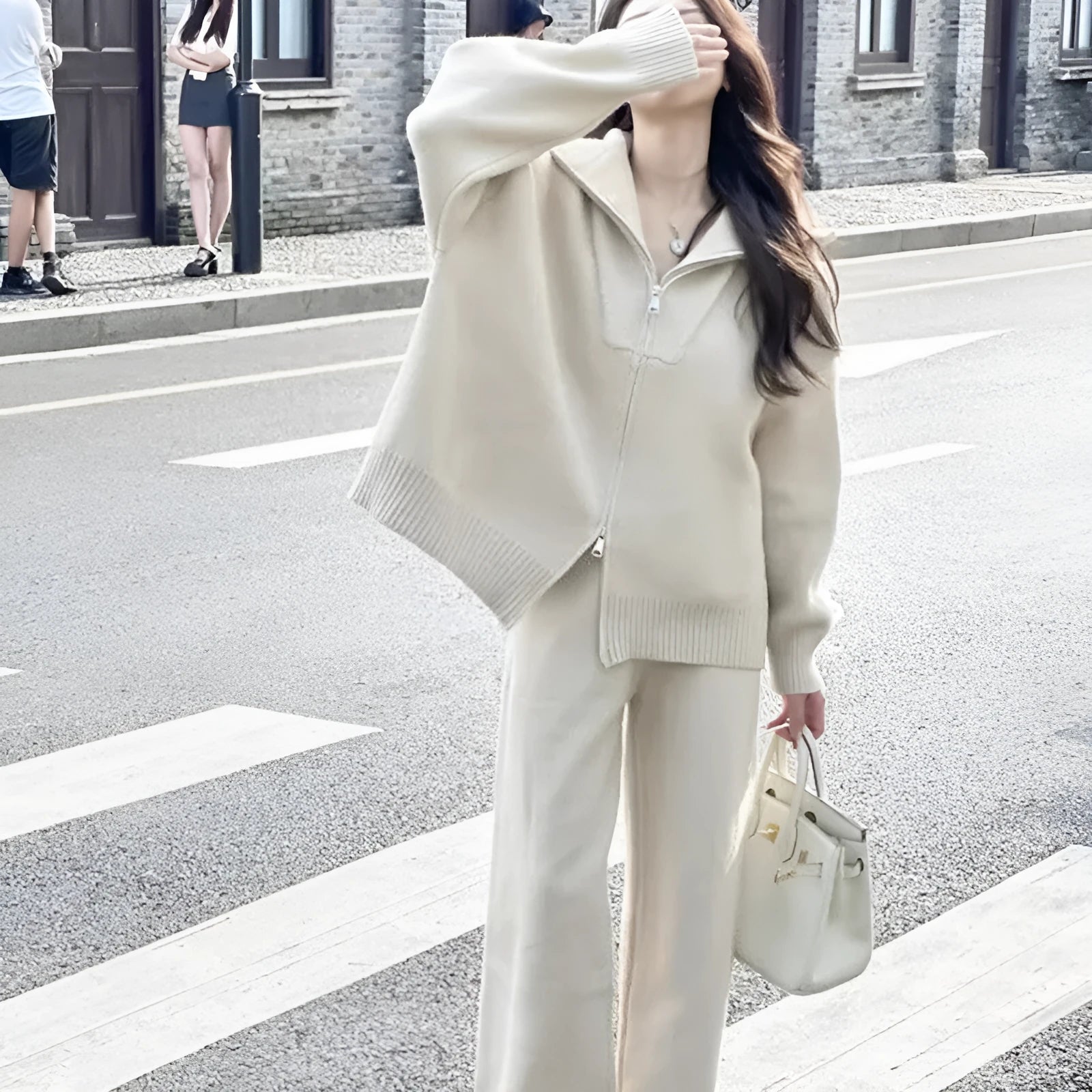 Knitted zipper cardigan and wide leg trousers two-piece set in solid colour