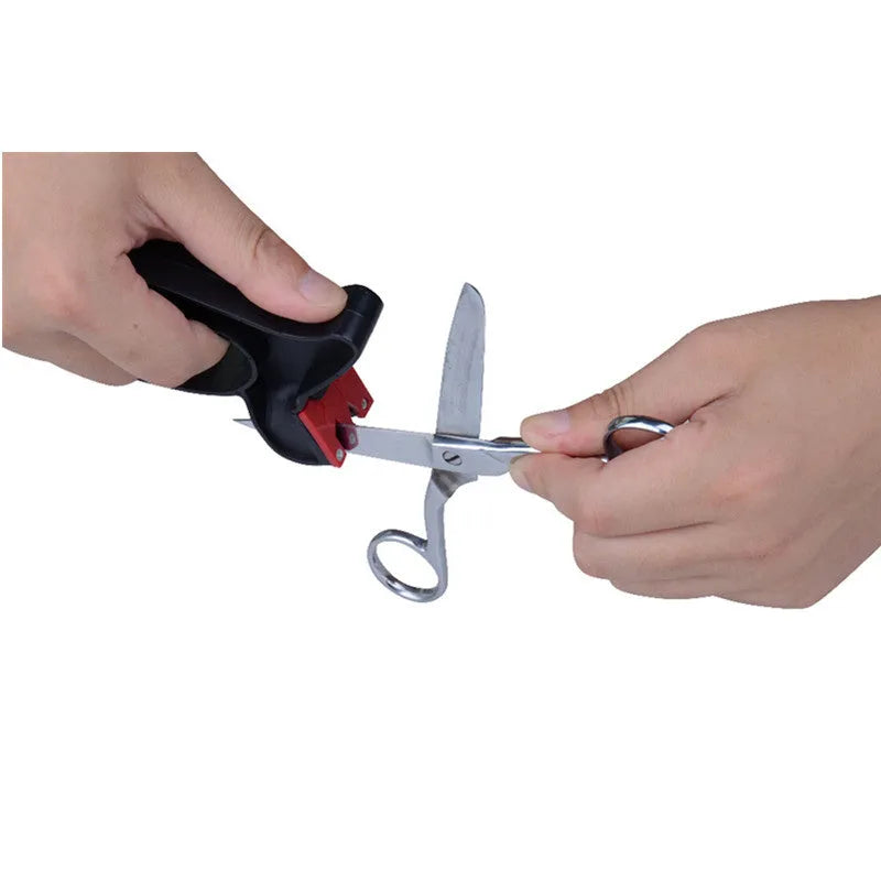 Black handheld knife and scissor sharpener tool with ergonomic handle and tungsten steel blade