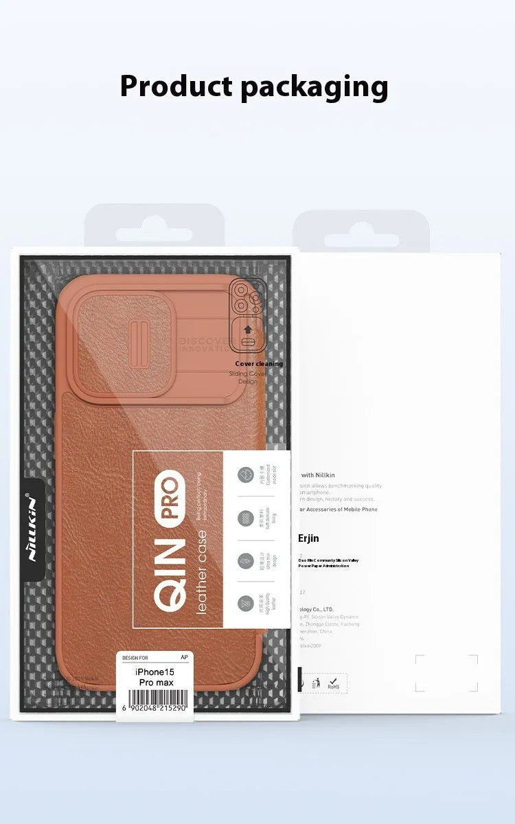 iPhone 15 Pro Max imitation leather flip wallet case in black showing front cover closed.