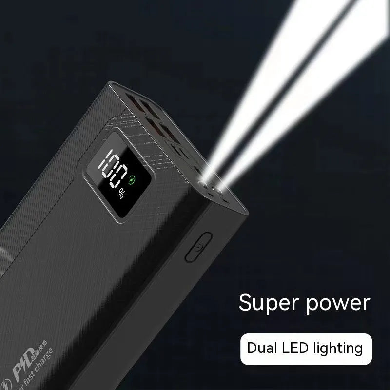 Large capacity power bank in black or white colour with plastic shell, showing front view with dimensions