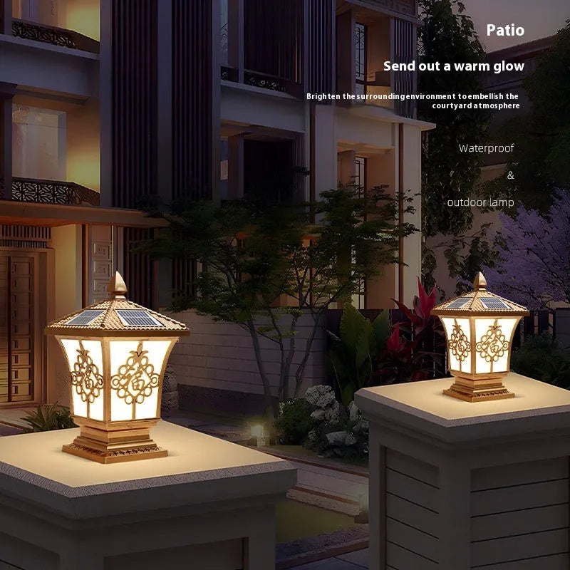 Black solar pillar lamp with flower shape, IP65 waterproof, 12W LED for outdoor garden lighting