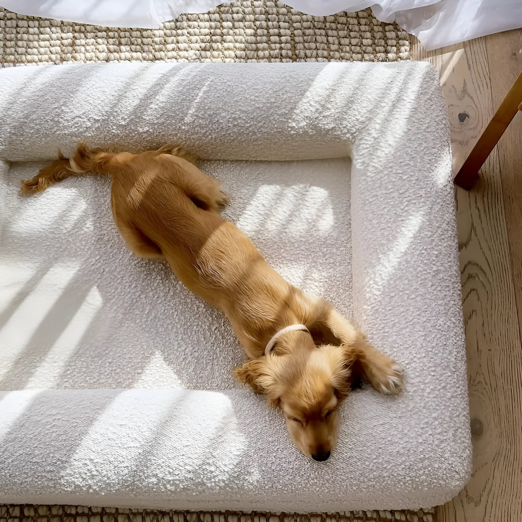 Rectangular beige cloth dog sofa bed nest showing soft fabric construction