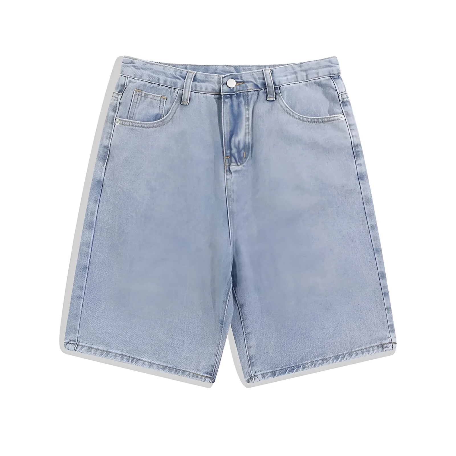 Men's straight-leg denim shorts in light blue, mid waist fit with zipper fly