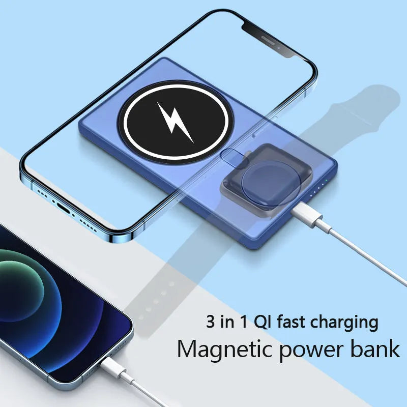 Black square aluminium magnetic wireless charging power bank showing USB port and charging surfaces.