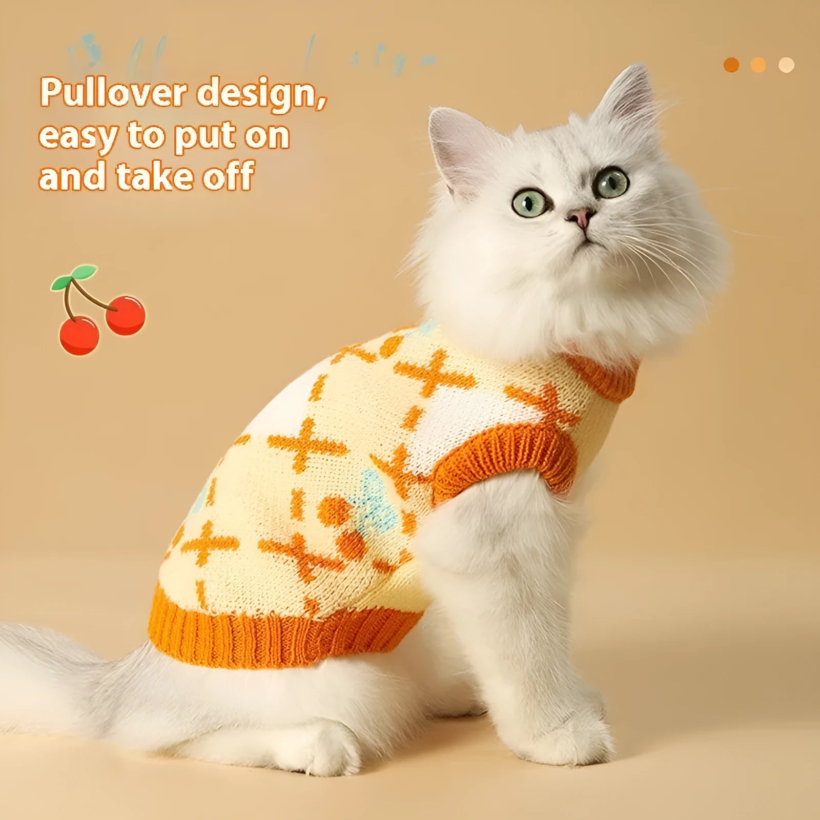 Orange diamond cherry fleece cat sweater for autumn and winter