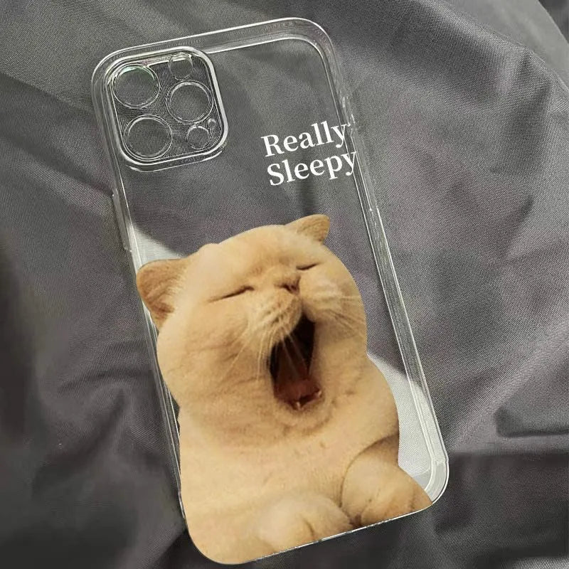 Simple Sleepy Yawn Cat phone case in black TPE with shockproof protection and built-in bracket for iPhone