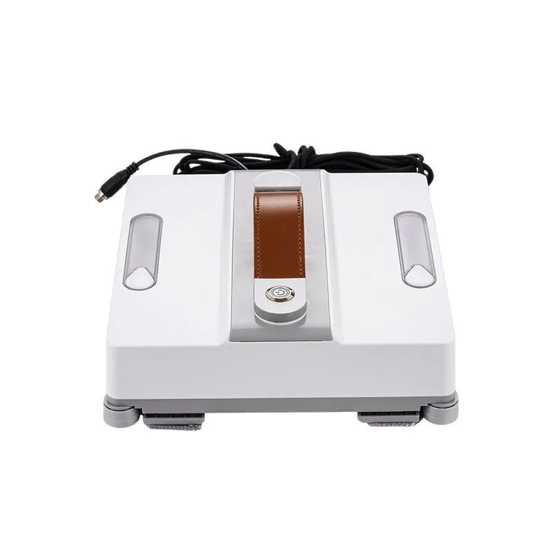 White intelligent window cleaning robot on a glass window, dimensions 220mm by 220mm by 70mm.