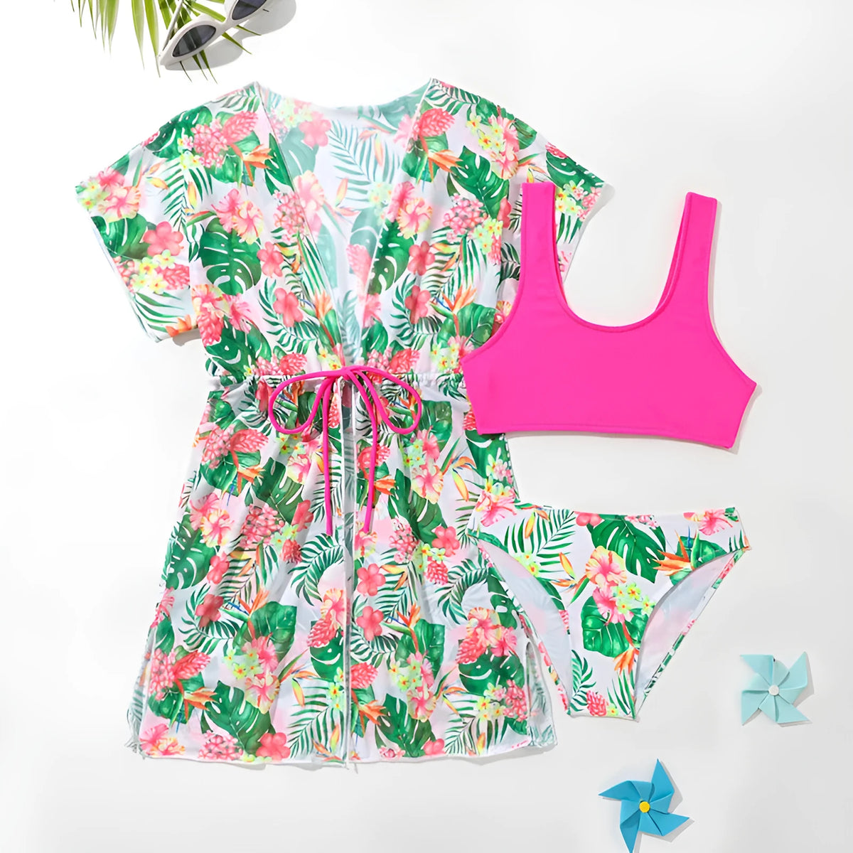 Girls two-piece floral swimsuit in polyester, picture colour, sizes 130-160 cm for ages 3-12
