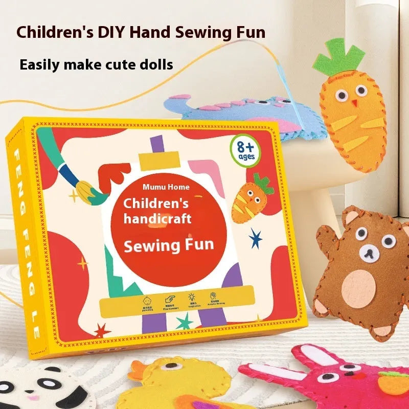 Children's non-woven handmade sewing kit with dinosaur shape and sewing tools in colour box