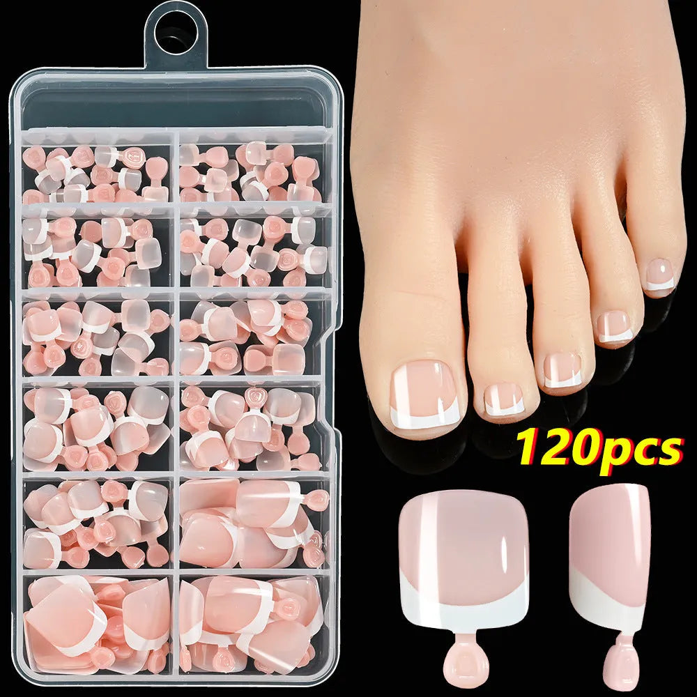 120 pieces box of French white edge short full square toe nail pieces for ladies in multiple colours