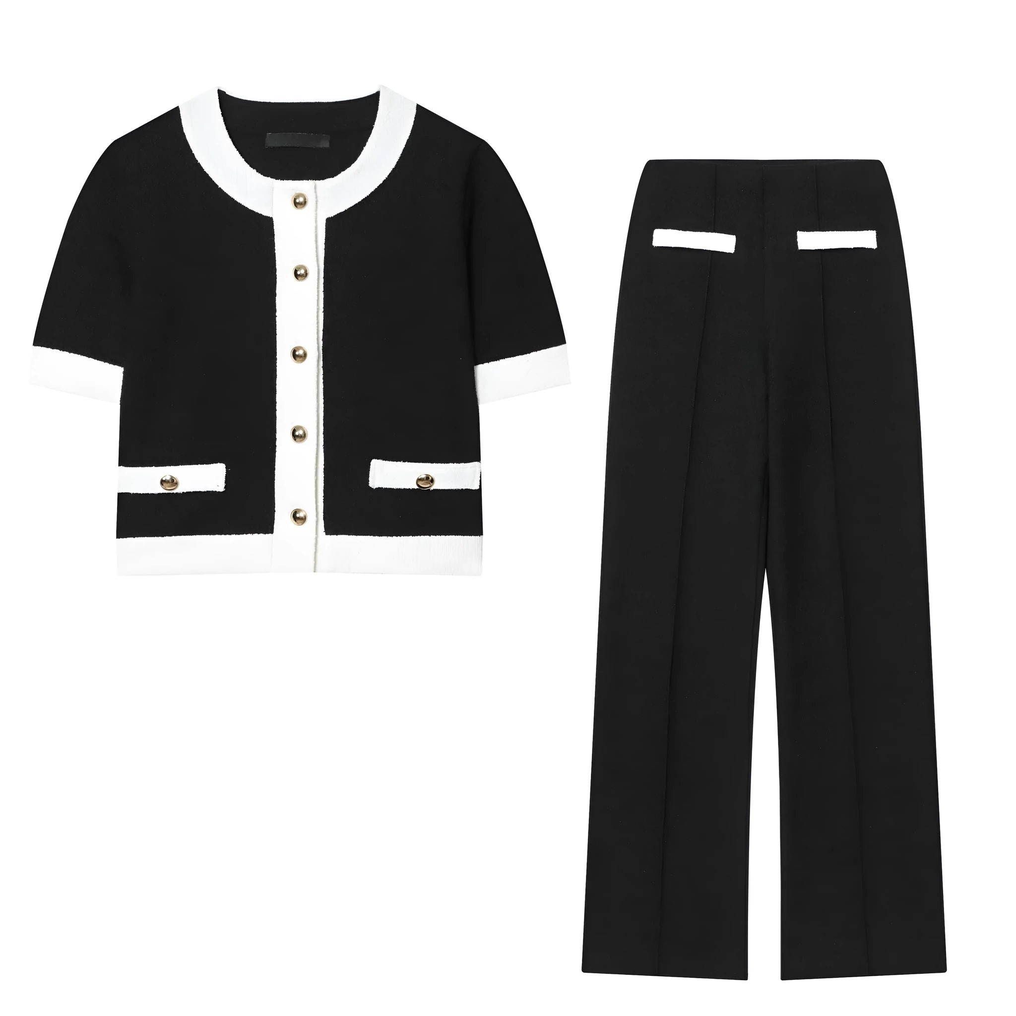 Street fashion casual suit with beaded round neck top and high-waisted trousers