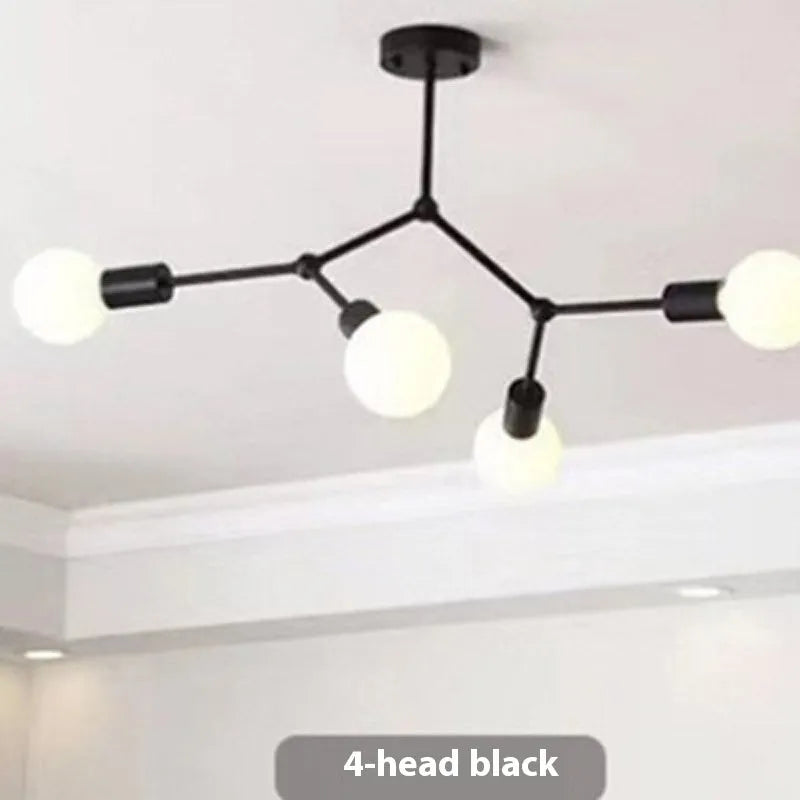 Nordic style iron chandelier ceiling lamp in black or white with multiple head configuration options