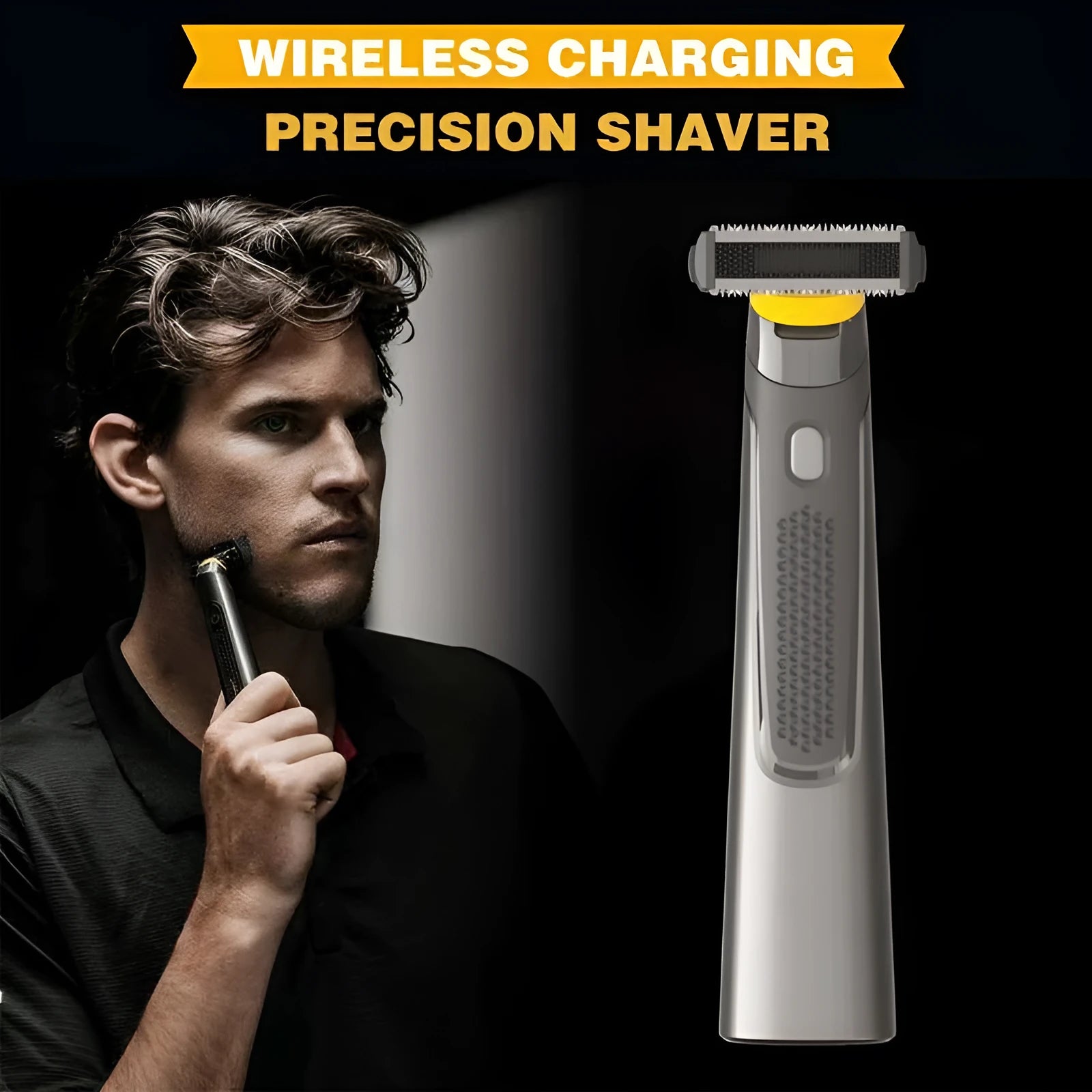 Black rechargeable men's precision shaver with LED light on and stainless steel blades.