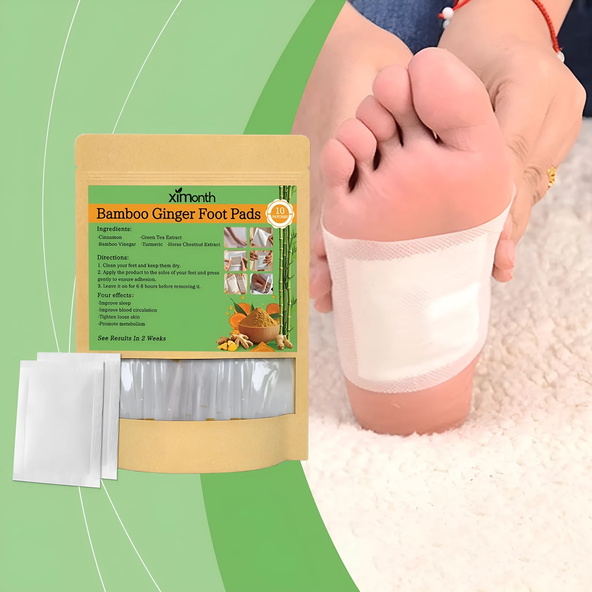 Pack of 10 adhesive health patches containing ginger and turmeric extracts.