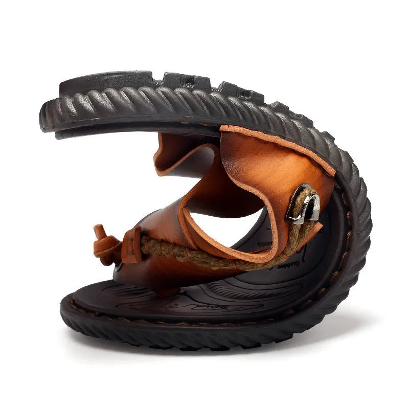 Men's dark blue herringbone-pattern outdoor slippers with leather lining and rubber sole