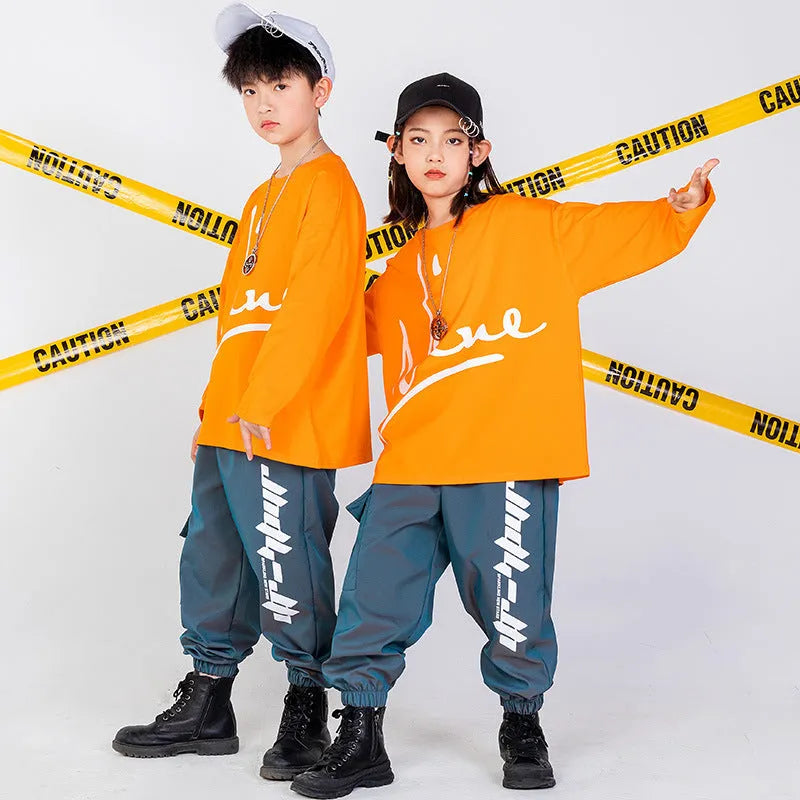 Children's cotton hip hop clothing set, loose fit, unisex, black top with grey blue pants, sizes 110-180cm